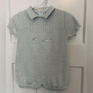 Friedknit Creations: Baby Blue Knit Cotton Romper with Train Detail: Size 9m